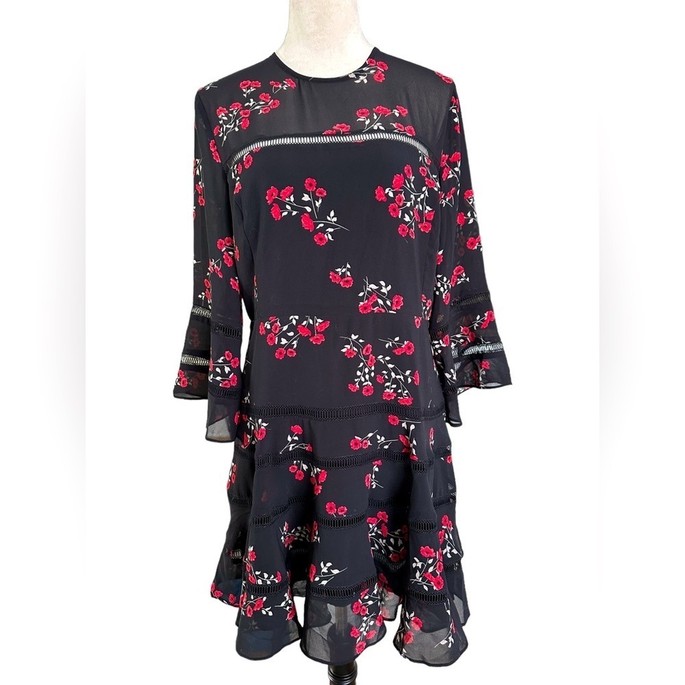 Bardot red floral lace ruffle belle sleeve cocktail black dress